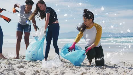 animation of stars over diverse female and male volunteers picking up rubbish on beach