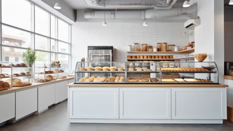 bright bakery interior with a wide-angle view, showcasing fresh pastries in display cases