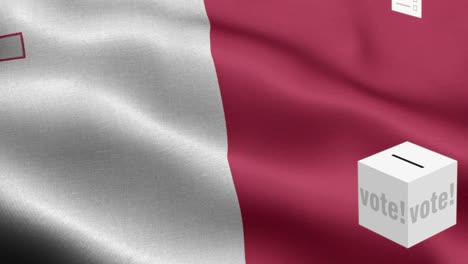 las papeletas de votación vuelan a la caja para la selección de malta - caja de votación frente a la bandera - elección - voto - bandera de malta - bandera de maltas alto detalle - bandera nacional patrón de ondas de malta elementos en bucle - textura de tela y bucle sin fin