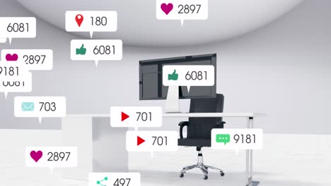 Animation-Von-Mediensymbolen-über-Dem-Büro