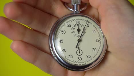 a woman's hand holds an analog stopwatch on a yellow background.