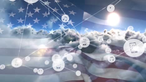 animation of network of digital icons over clouds and sun in the sky against waving american flag