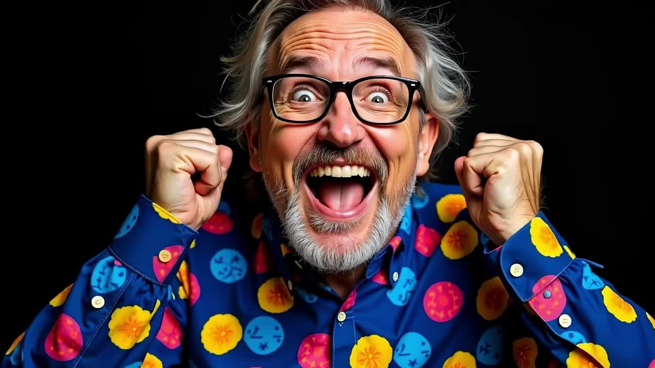 A man in a colorful shirt and glasses with his hands in the air