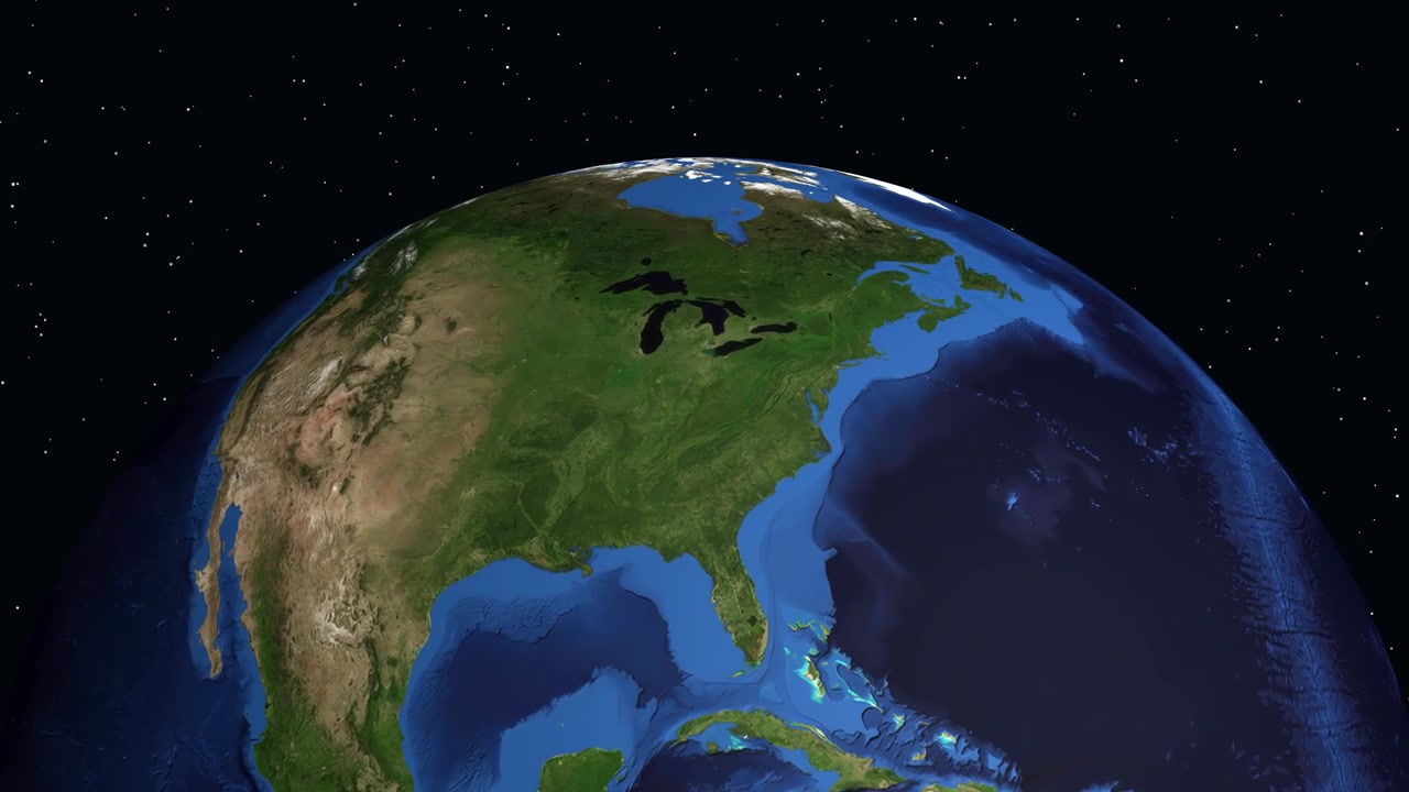 Digitaalinen animaatio zoomaa avaruudesta Pohjois-Amerikkaan, osoittaen Cincinnatin punaisella merkillä.