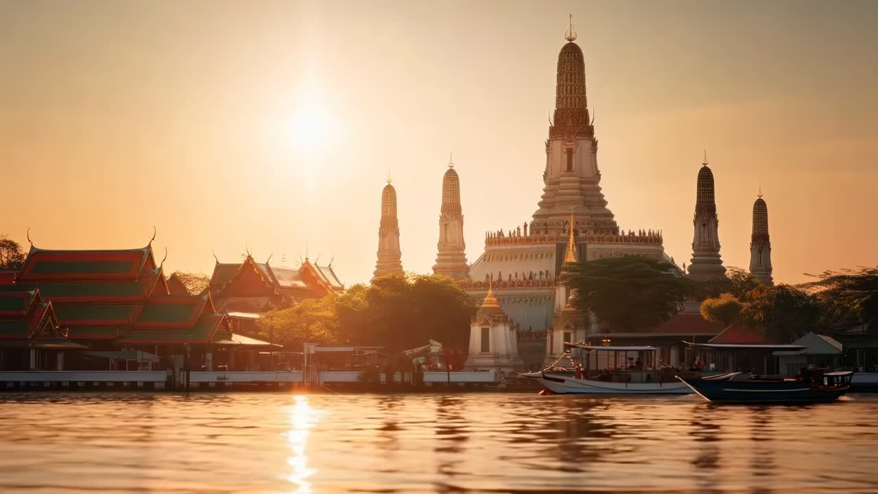 A serene sunset video captures a low-angle view of a majestic temple by the river