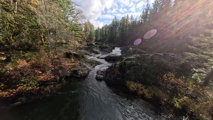 Volando basso e veloce sopra un fiume nello stato di Washington