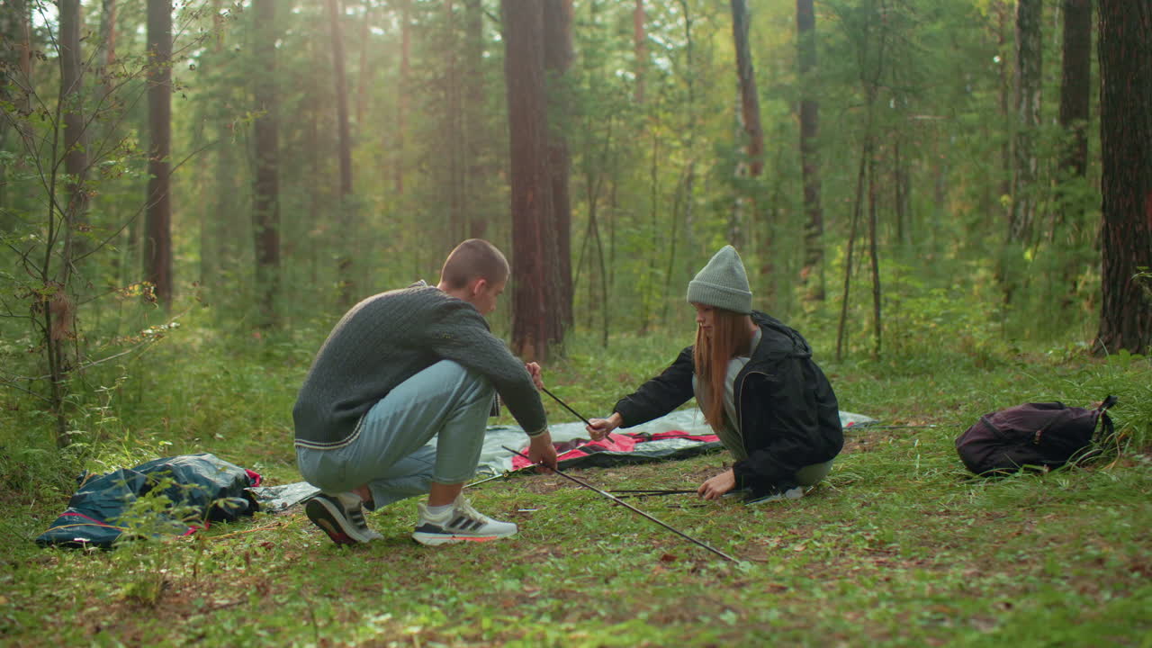 Brother and sister camping in forest as sister picks tent pole from ground while handing another to brother who joins setup under soft natural light surrounded by green foliage and scattered gear