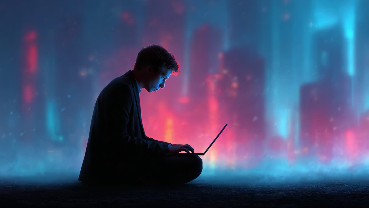 A solitary individual is immersed in a digital world, seated with a laptop amidst an abstract urban landscape illuminated by vibrant lights, symbolizing the connection between technology and solitude