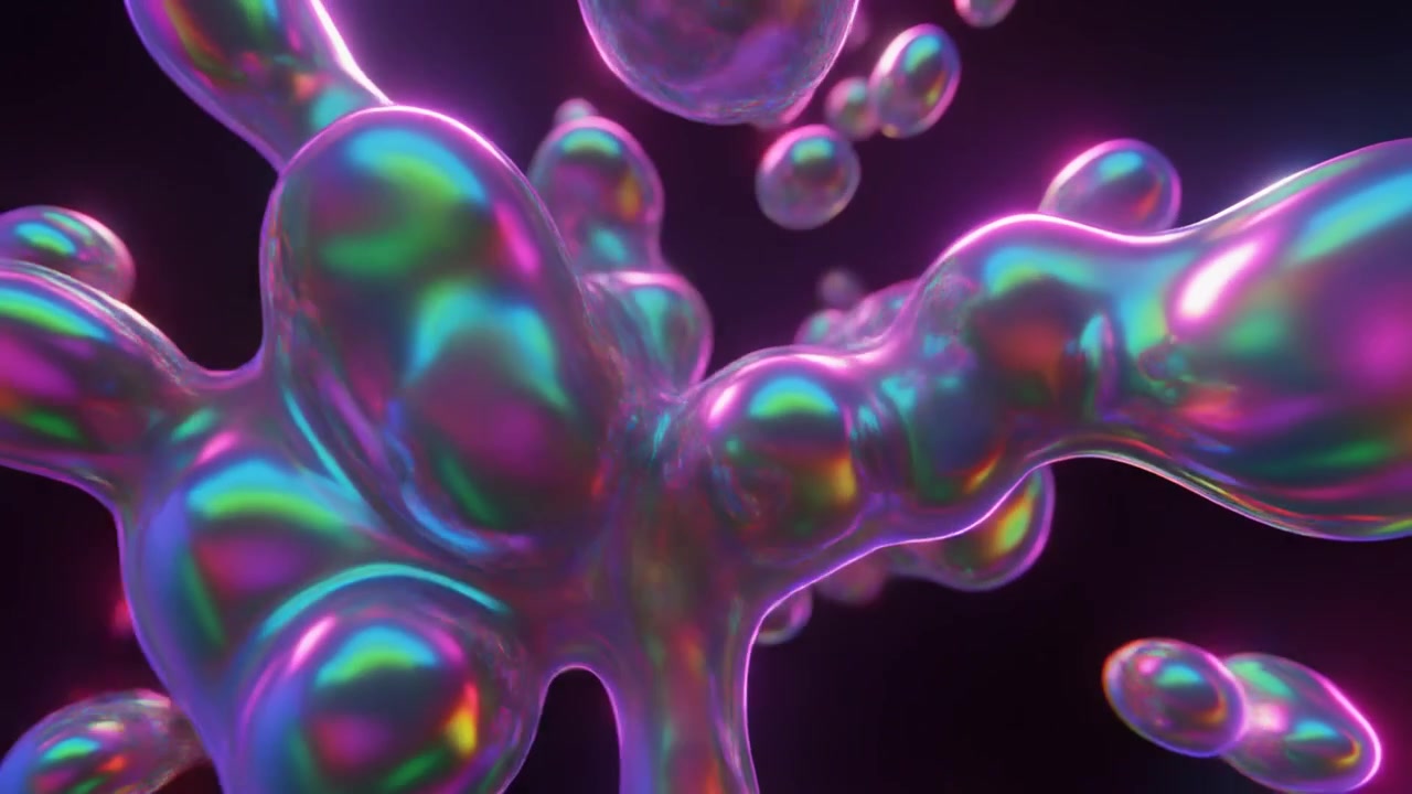 Sfere astratte di metallo liquido iridescente che fluttuano nello spazio oscuro
