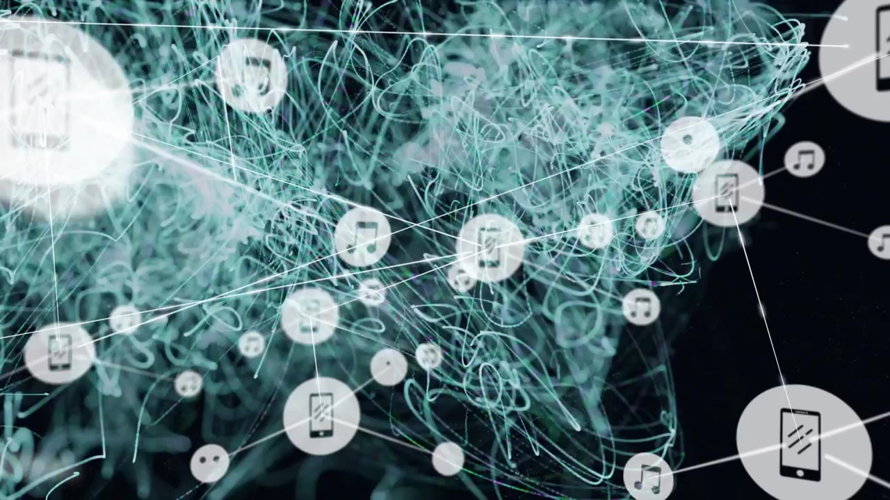 Animation of network of connections over blue energy on black background