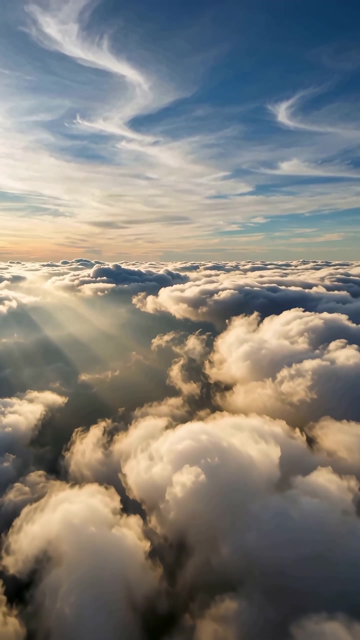 Vista aerea che mostra dense nuvole bianche sotto un cielo luminoso mentre la luce del sole si diffonde tra gli strati, con sfumature delicate, orizzonte lontano e una composizione atmosferica pacifica in tutta la scena.