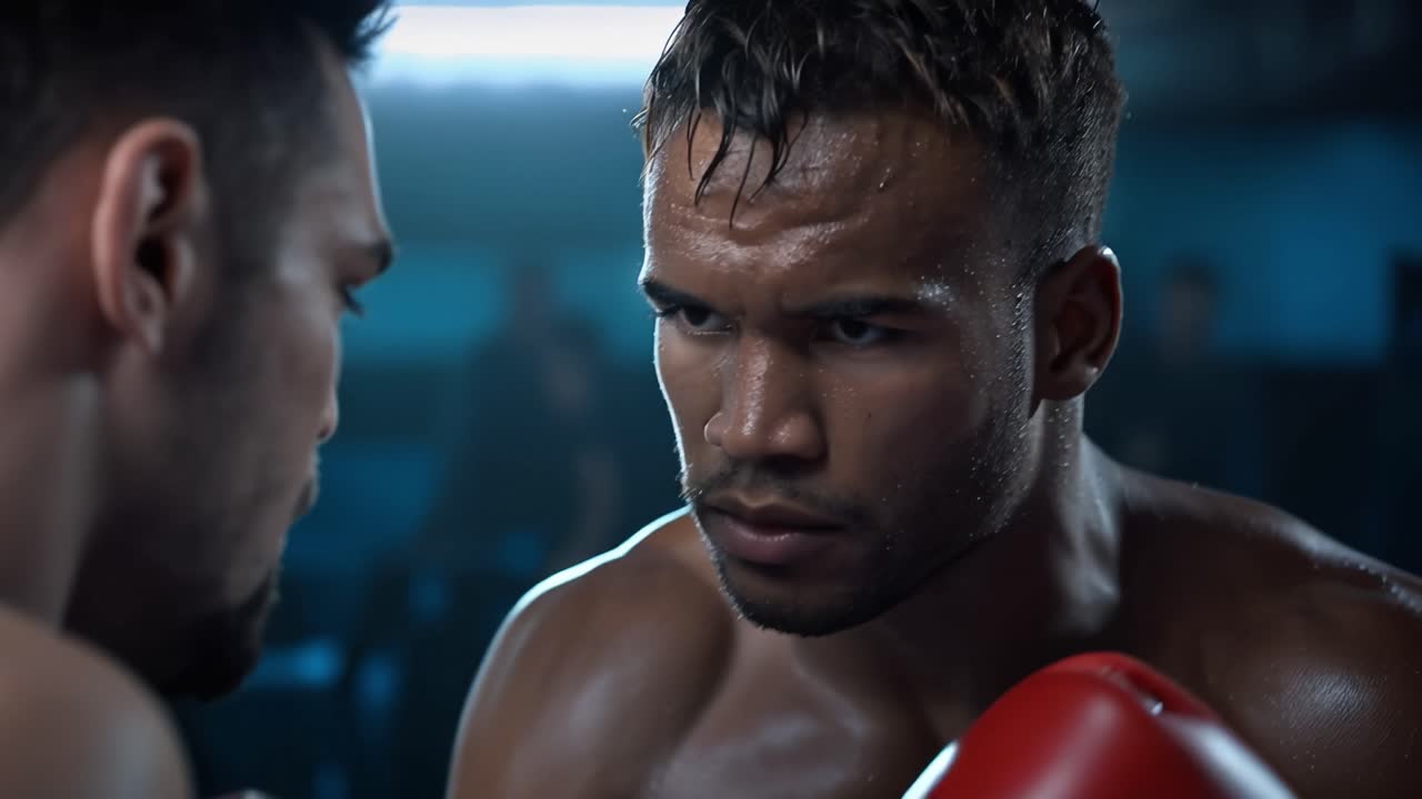 Intensiver Boxkampf: Eine Nahaufnahme von Entschlossenheit und Fokus im Ring, während sich zwei Kämpfer auf ein episches Duell vorbereiten, wobei Schweiß und Kampfgeist in ihren Gesichtsausdrücken sichtbar sind.
