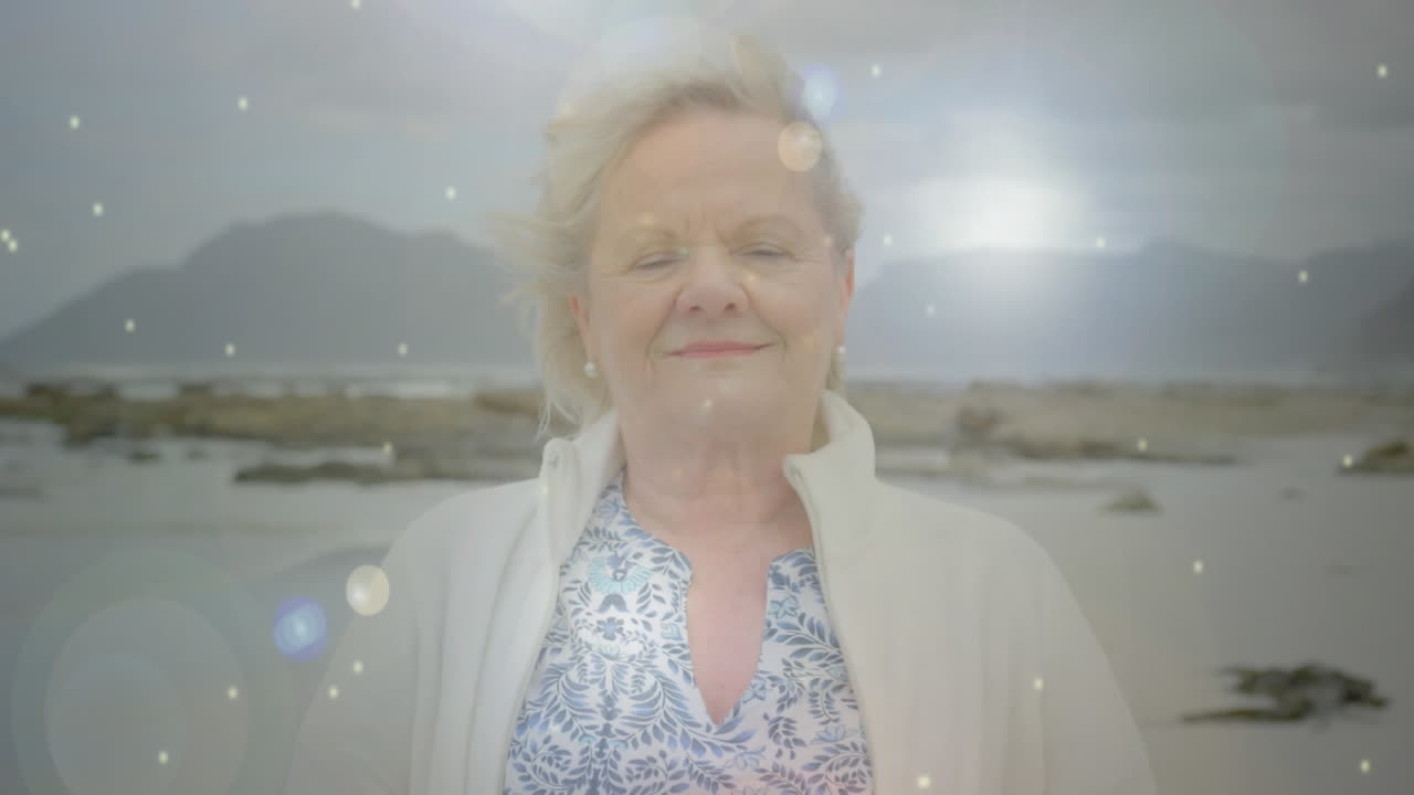 행복 한 고령 여성 의 초상화 위 에 반 ⁇ 이는 빛 의 애니메이션