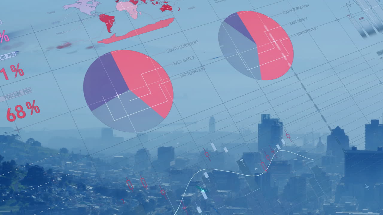 Animering av röda cirkeldiagram och grafer över stadsbild med skyskrapor