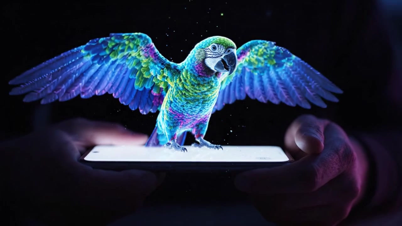 Un'interazione virtuale accattivante: un pappagallo colorato emerge dallo schermo di uno smartphone in una spettacolare dimostrazione della tecnologia di realtà aumentata