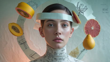 conceptual portrait: mind, science, and orbiting fruits