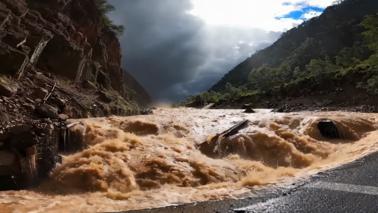Flooded Mountain River After Heavy Rainfall