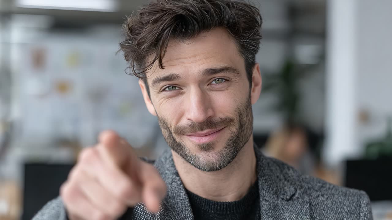Charming Individual with a Warm Smile Pointing Directly at the Camera, Exuding Confidence and Approachability in a Modern Office Environment