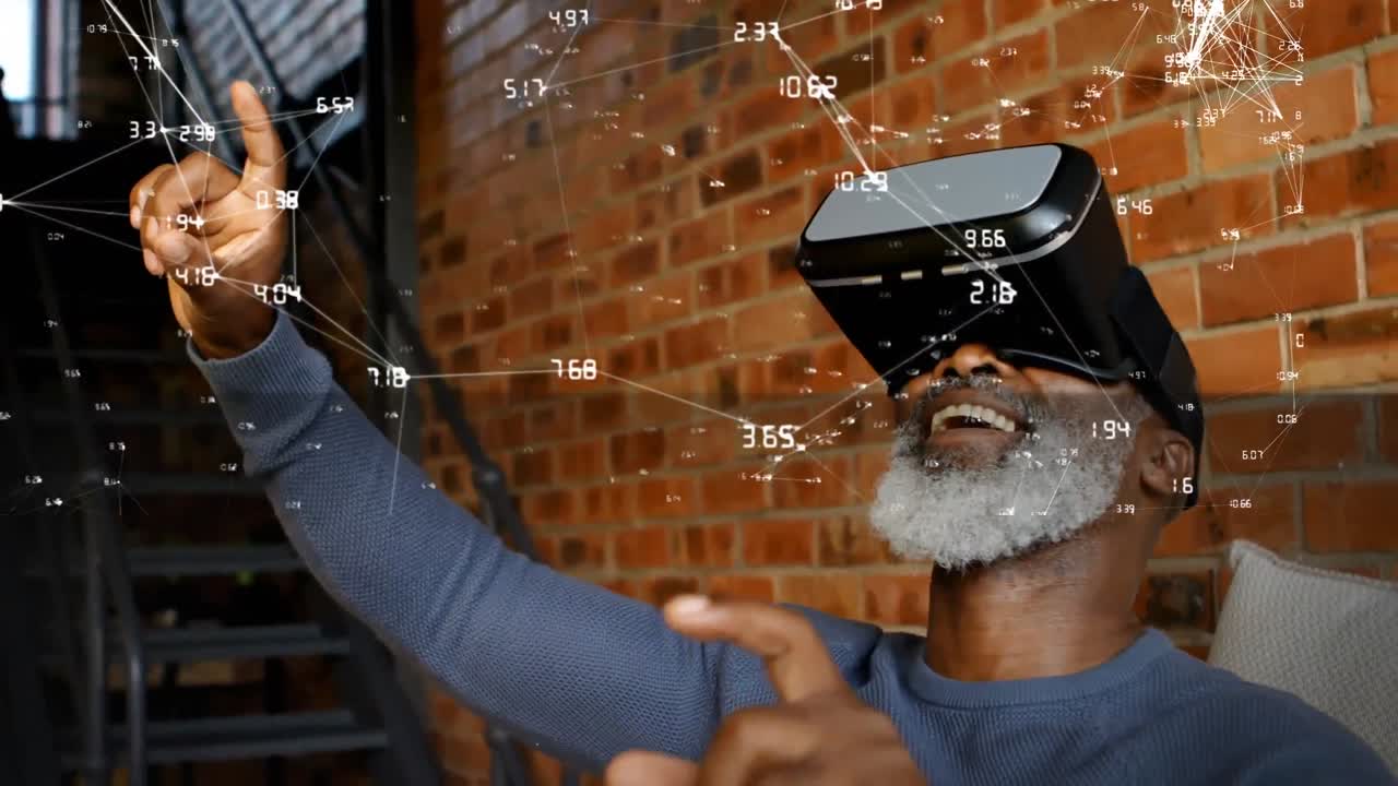 Animation of network of connections and data processing over senior man in vr headset