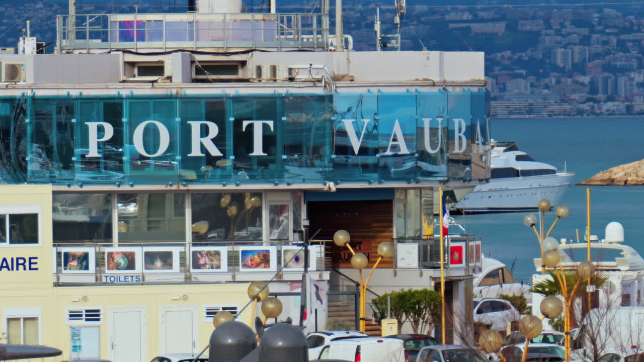 Antibes, France - February 10, 2025: Port Vauban writing on the entrance of the harbour