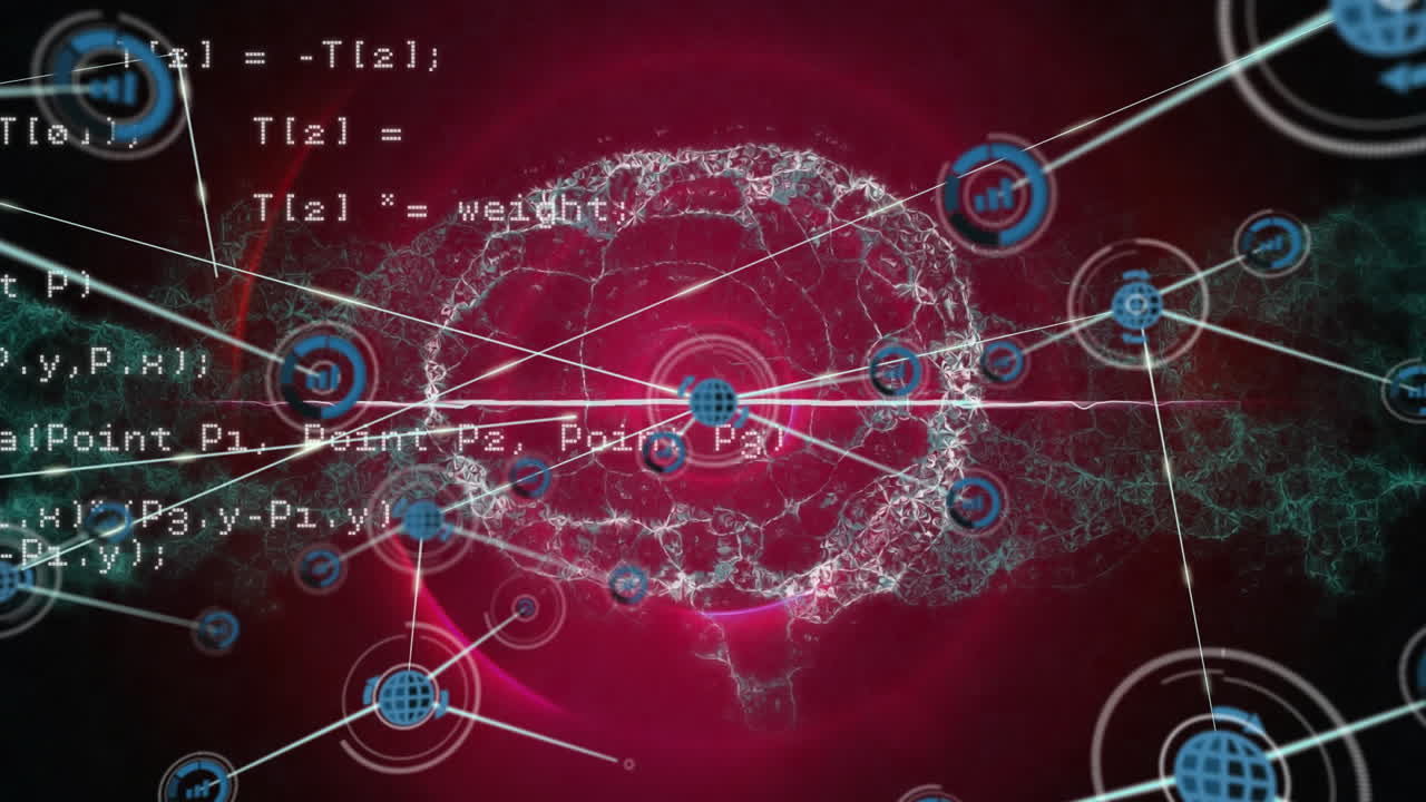 animation eines netzwerks von digitalen ikonen und datenverarbeitung über drehenden menschlichen gehirn-ikonen
