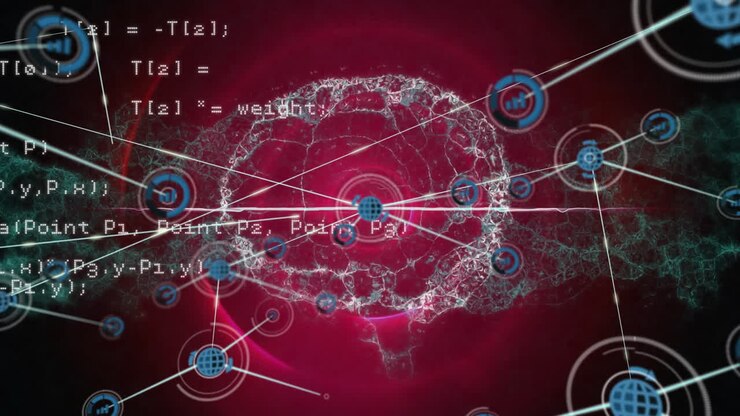 Animation of network of digital icons and data processing over spinning human brain icon
