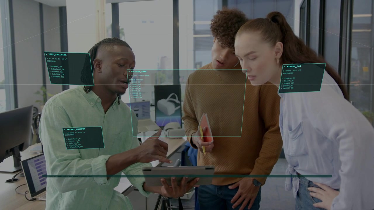 Male tech lead tapping tablet, team leaning in as HUD overlays growing for designers creators