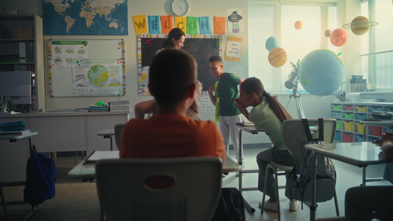 Female Teacher Introducing New Young Student Group of Diverse Kids Greeting New Classmate