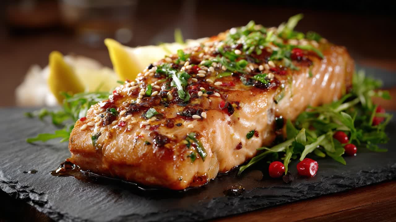 Deliciously Grilled Salmon Fillet Garnished with Fresh Herbs, Served on a Slate Platter Alongside Zesty Lemon and Colorful Salad Greens