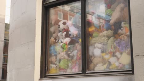 Store-window-stuffed-full-of-animal-plushy-colorful-children-toys-for-kids