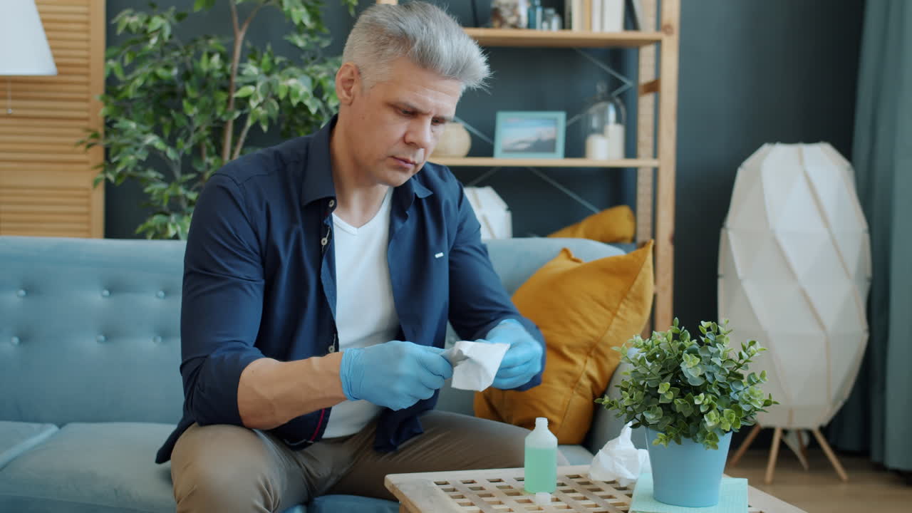 Uomo che pulisce lo smartphone con salviette disinfettanti
