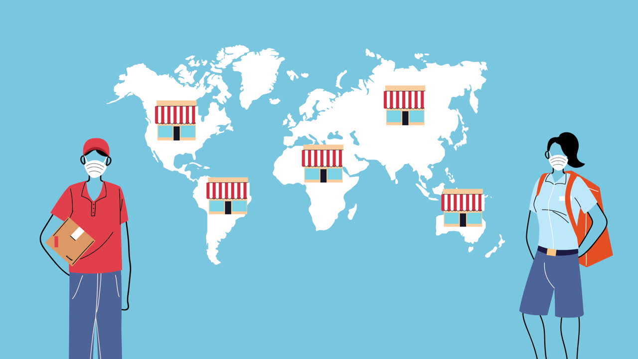 지구 행성 배달 서비스 애니메이션에서 상자와 가방을 가진 택배자