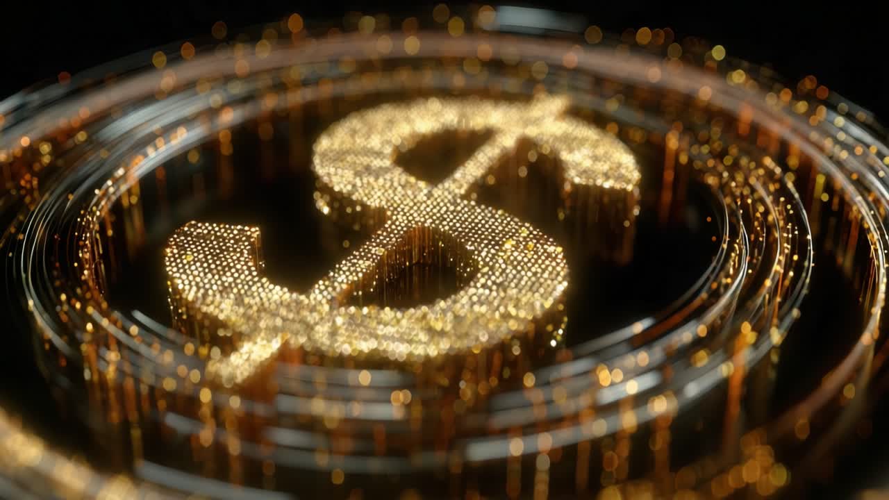Luminous golden dollar sign created from glowing particles rotating within a swirling spiral of digital light, representing wealth, technology, financial markets, and the flow of capital