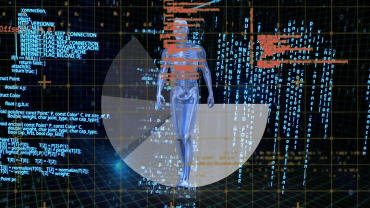 Animation of human body model over science data processing on dark background