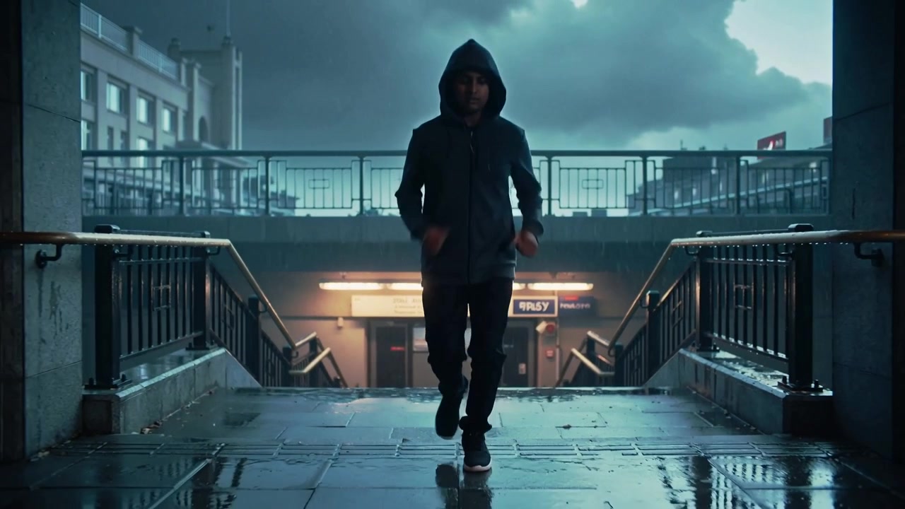 Walking hooded man jogging upward from subway steps, passing lit sign and wet puddles