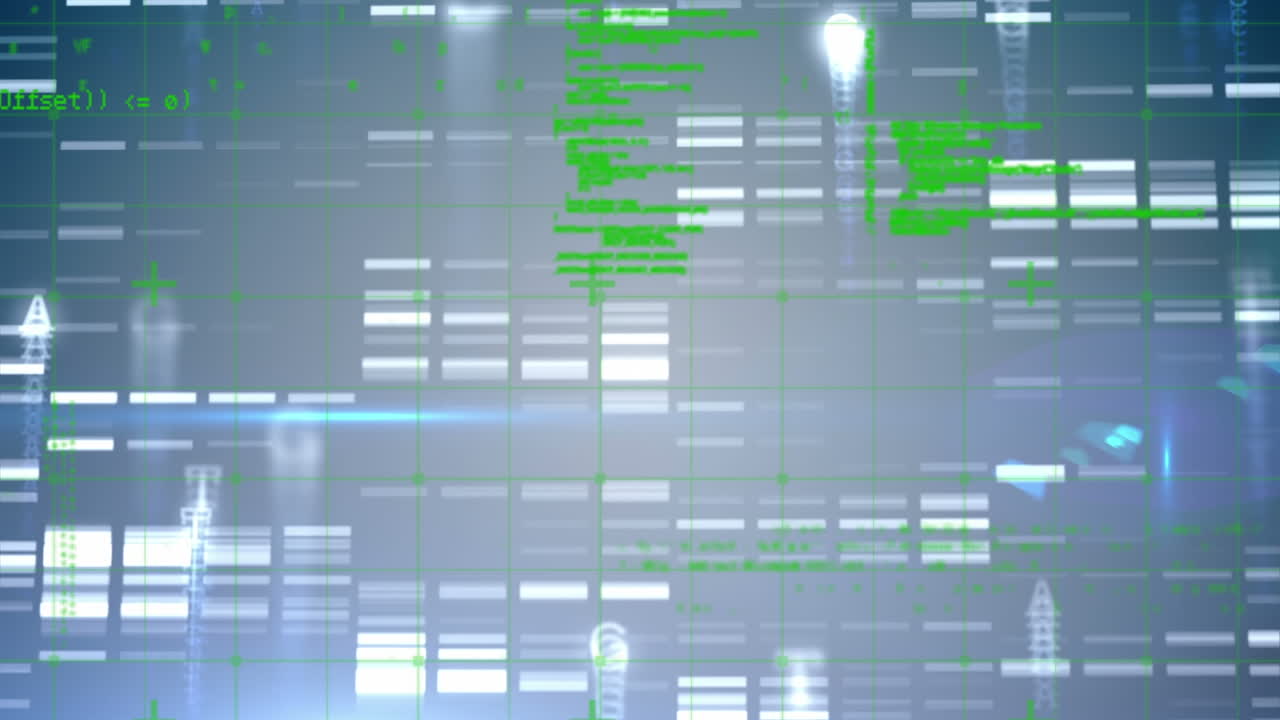 Animation of red and purple shapes over moving columns and data processing on black background