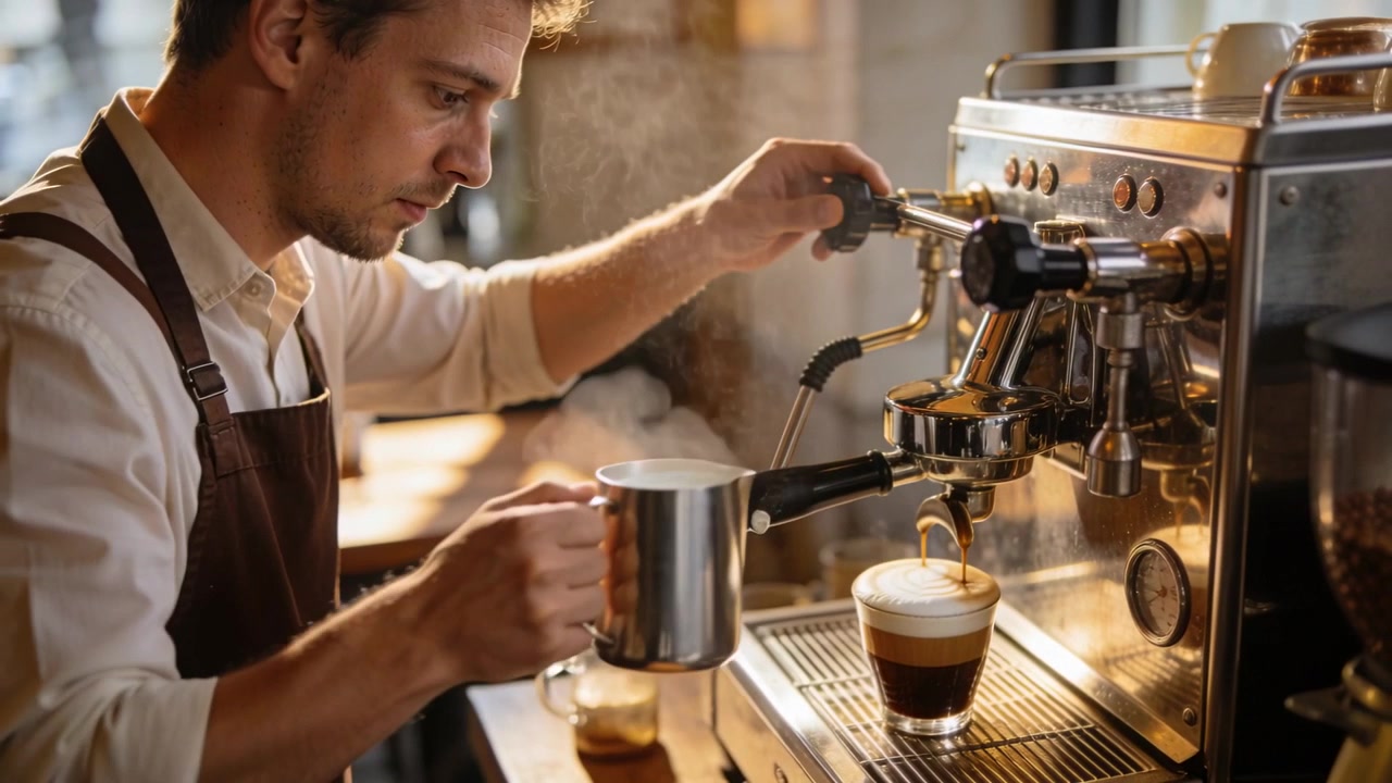 Barista con grembiule che monta il latte a vapore, versandolo in una tazza accanto alla macchina da caffè espresso, mentre completa la preparazione di un espresso.