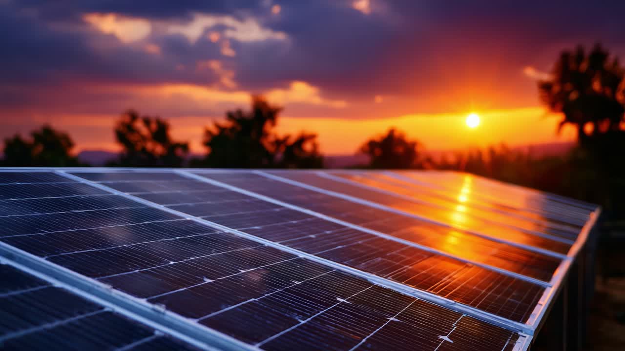 Pannelli solari che riflettono un tramonto vivido: una vista mozzafiato dell'energia rinnovabile che sfrutta la potenza della natura in un cielo colorato