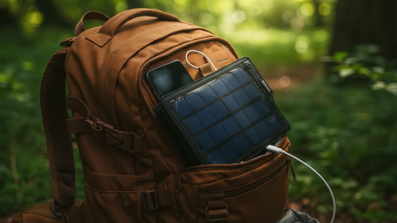 A Stylish Outdoor Backpack Equipped with a Solar Charger and Device Connections, Perfect for Adventurers and Nature Enthusiasts