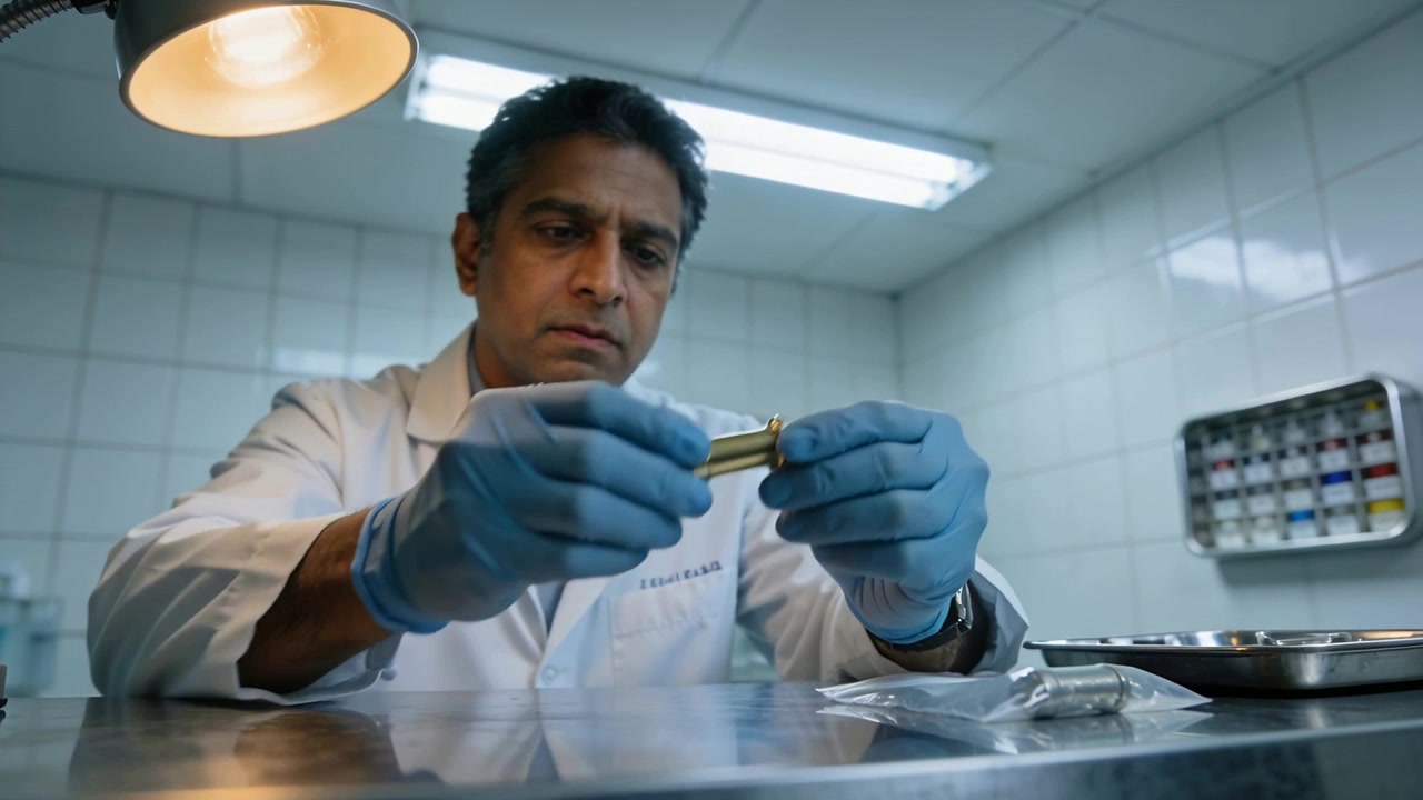 Inspecting white-labcoat blue-gloved tech opening bag-1 and examining brass case for marks at bench