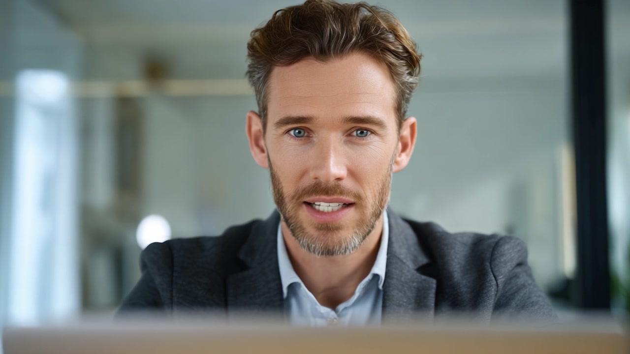 Engaged Professional Man Communicating Through a Laptop in a Modern Office Environment