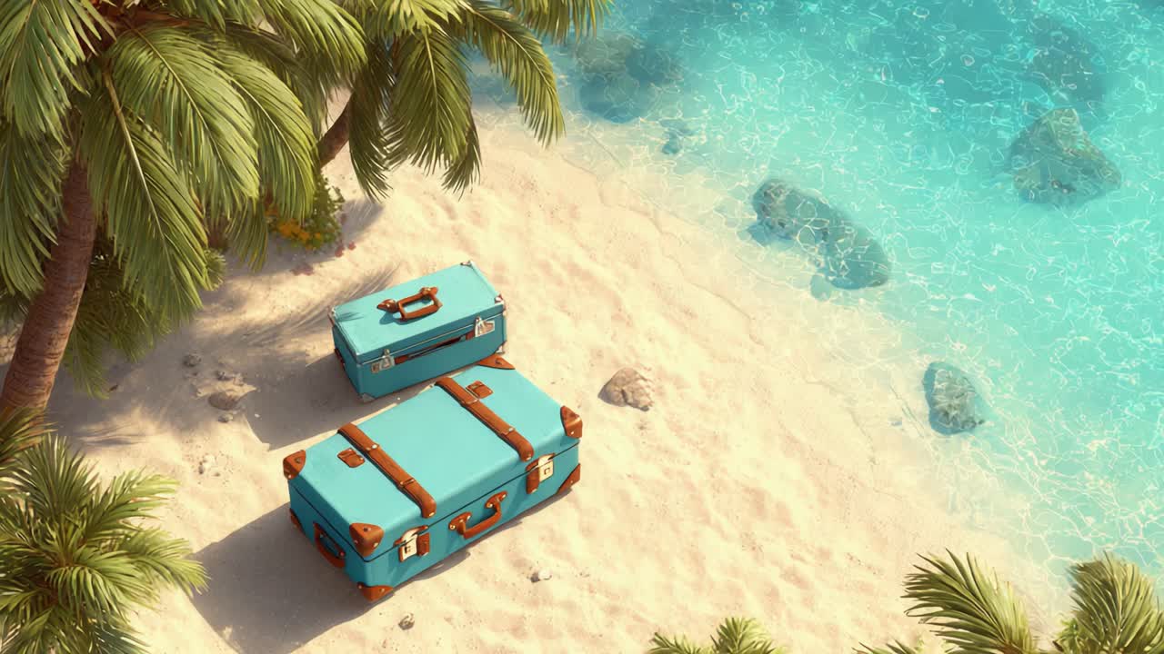 Eine ruhige Strandszene mit einem Paar stilvoller türkisfarbener Koffer, eingebettet zwischen tropischen Palmen am kristallklaren Wasser