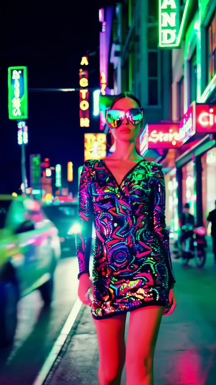 Vibrant Nightlife Fashion Portrait with Reflective Sunglasses