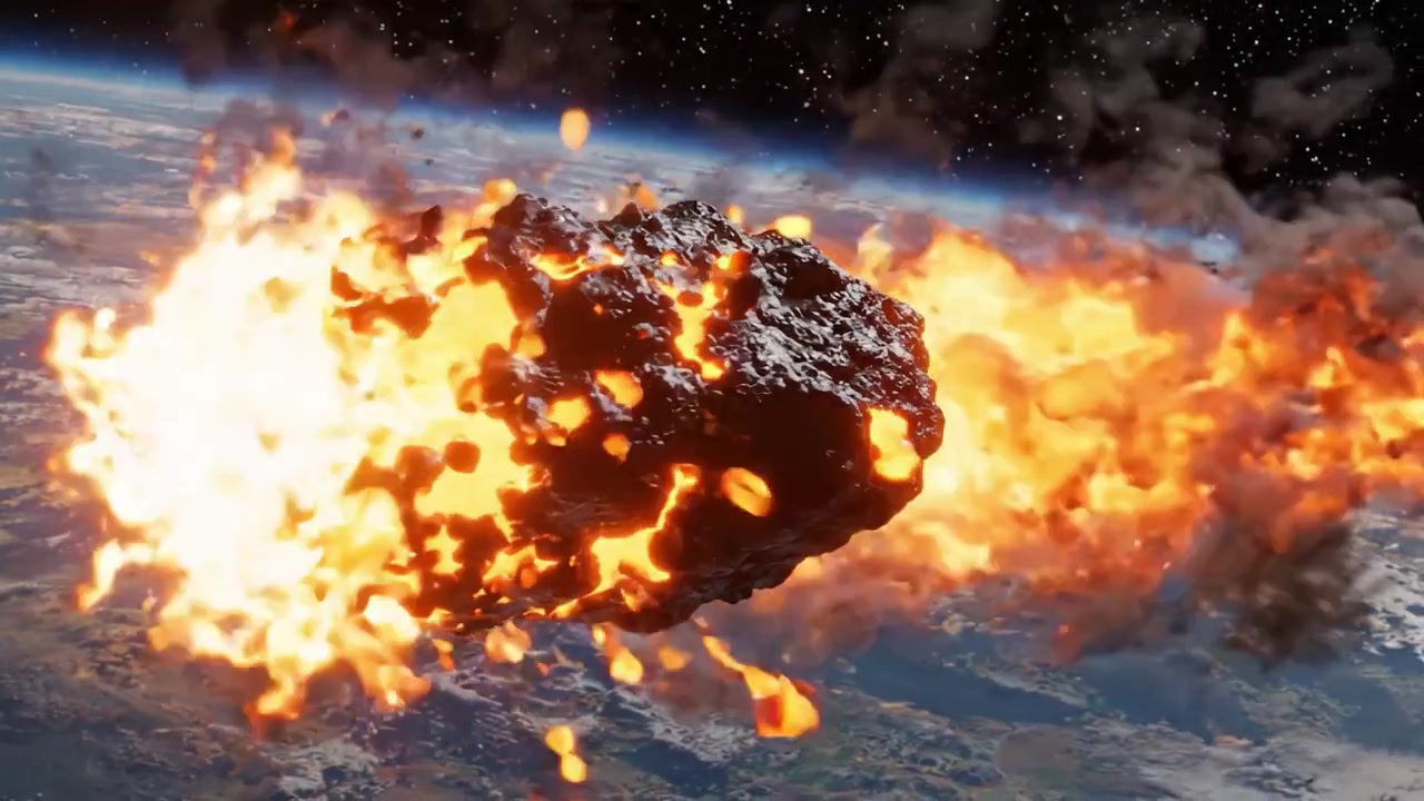 Una Drammatica Rappresentazione di un Impatto di Asteroide: La Collisione Infuocata con l'Atmosfera Terrestre Scatena una Spettacolare Esplosione di Detriti ed Energia.
