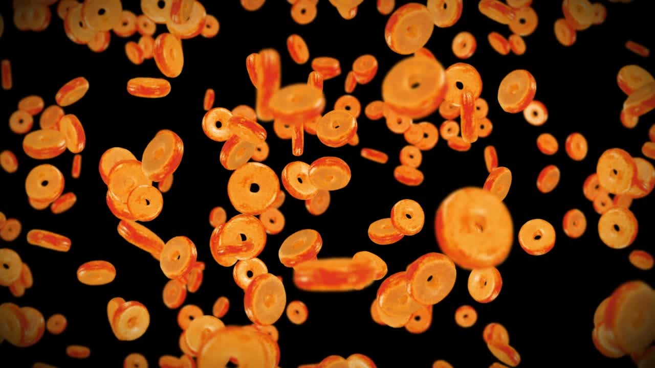 volando muchas rosquillas planas en fondo negro. pastel de rosquillas, dulces, postre. animación en 3d de la rotación de las rosquillas. animación de bucle.