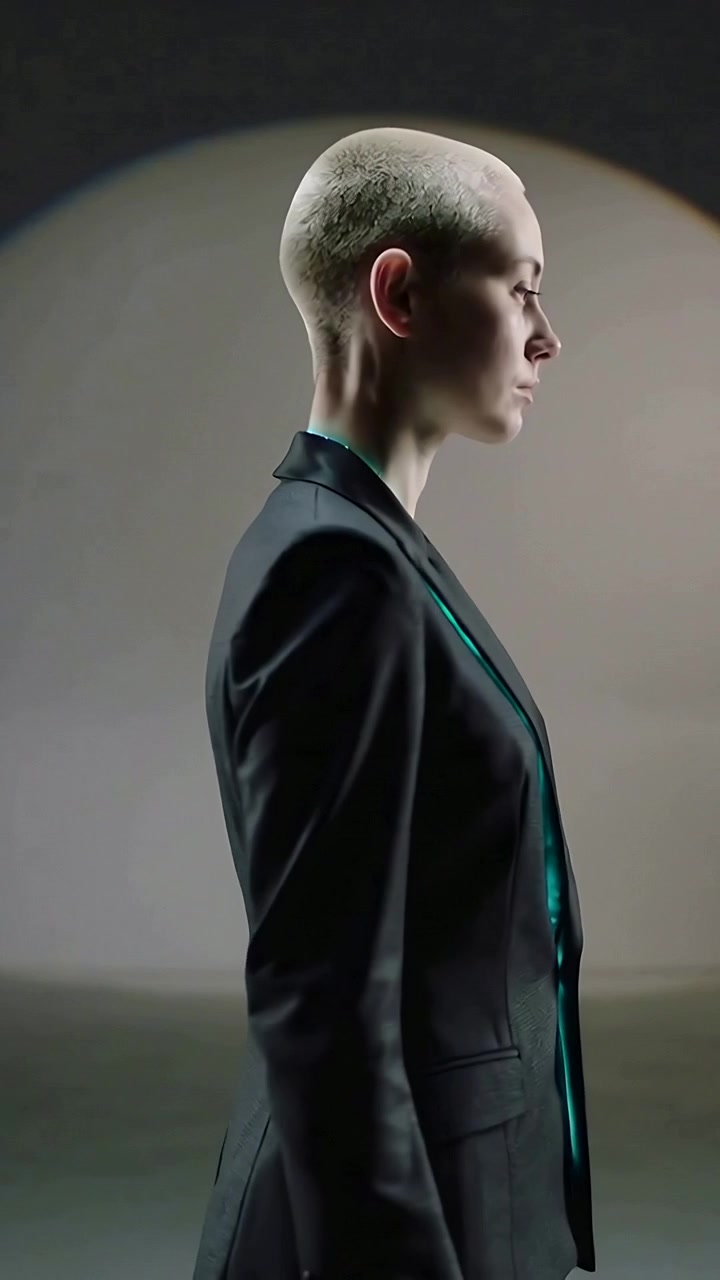 Vídeo vertical: Halo se deslocando, modelo virando para mostrar as costas em estúdio, exibindo blazer preto, com brilho azul-petróleo