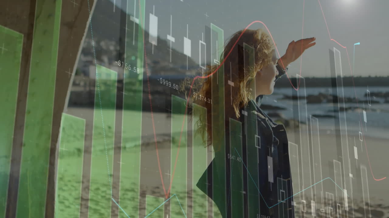 gráficos de datos financieros animación sobre la mujer de pie en la playa, blindando los ojos