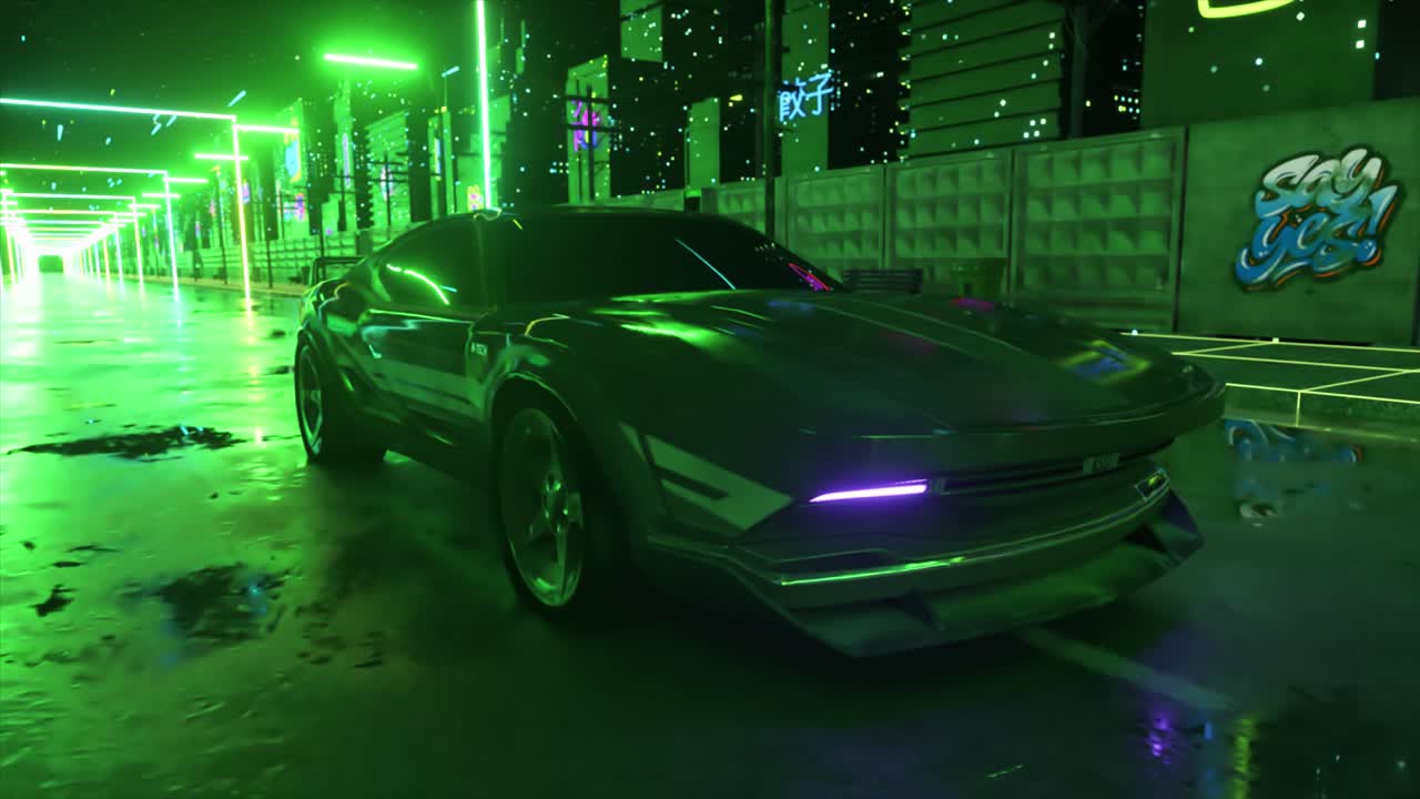 도시 터널 에서 네온 레트로 미래주의 자동차