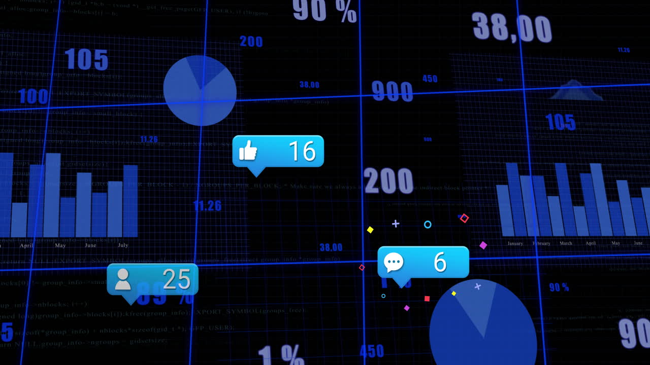 Animation showing social media notifications and analytics on digital grid background
