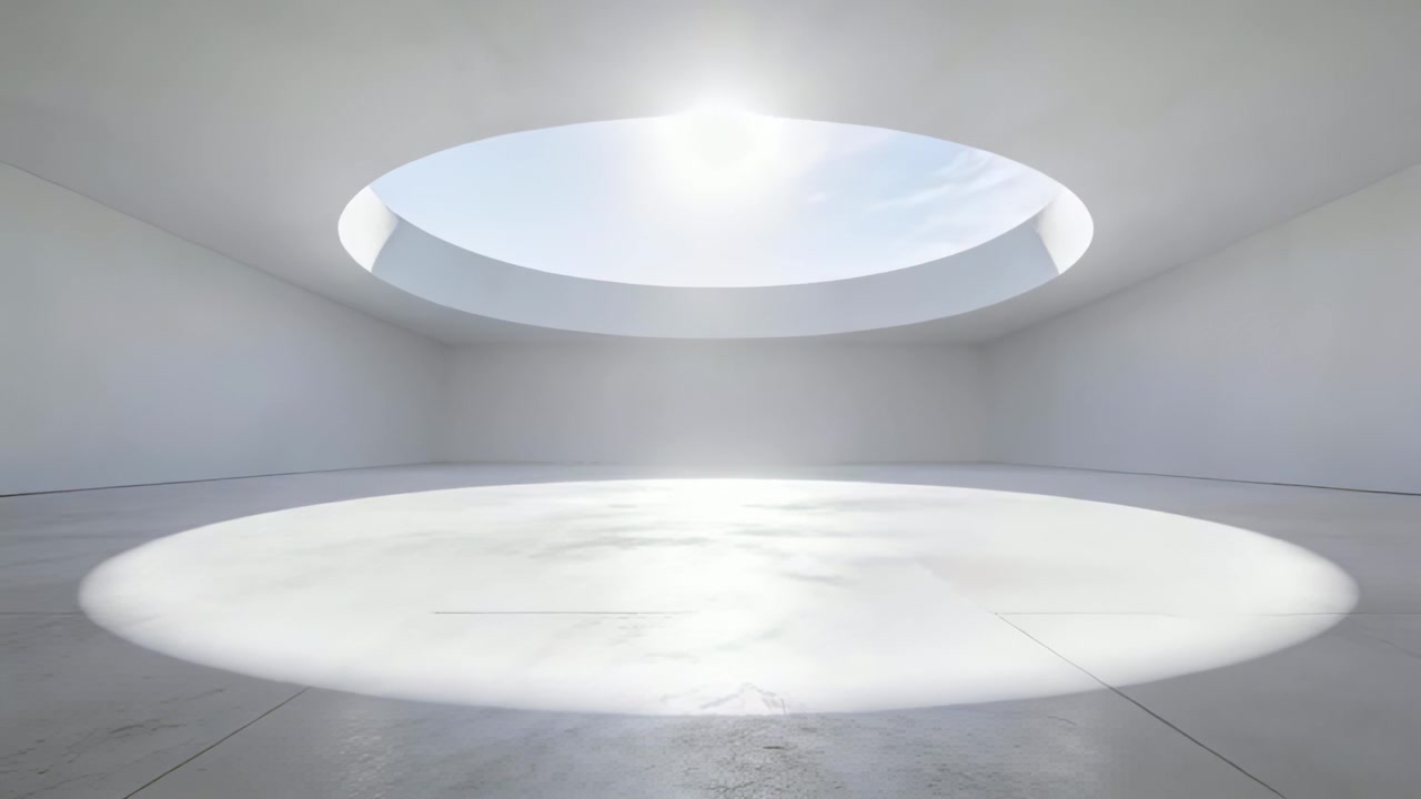 Belysning af oculus og gulvflade i et galleri, mens solen stiger, skaber lens flare på beton.